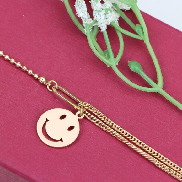 "Rose Gold Bracelet with Smiley Charm, Dual Chain, XPBL1090 - Picture 11 of 12